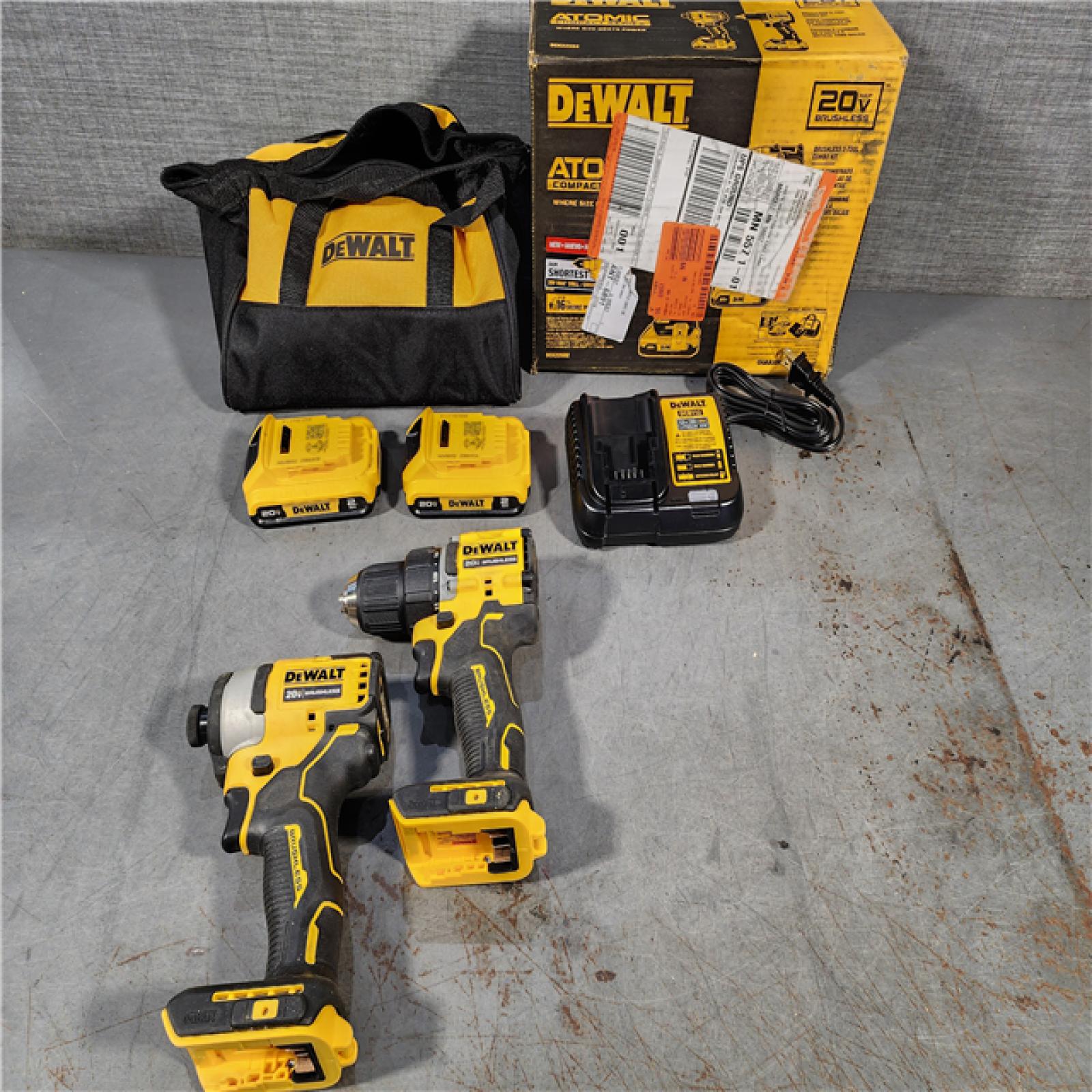 HOUSTON LOCATION - AS-IS DEWALT ATOMIC 20-Volt MAX Lithium-Ion Cordless Combo Kit (2-Tool) with (2) 2.0Ah Batteries, Charger and Bag