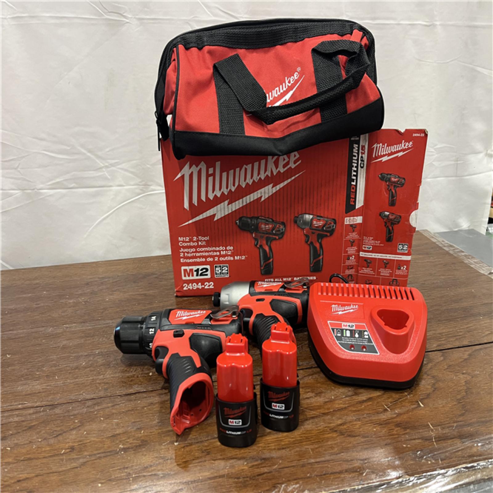 AS-IS M12 12V Lithium-Ion Cordless Drill Driver/Impact Driver Combo Kit with Two 1.5Ah Batteries, Charger and Bag (2-Tool)