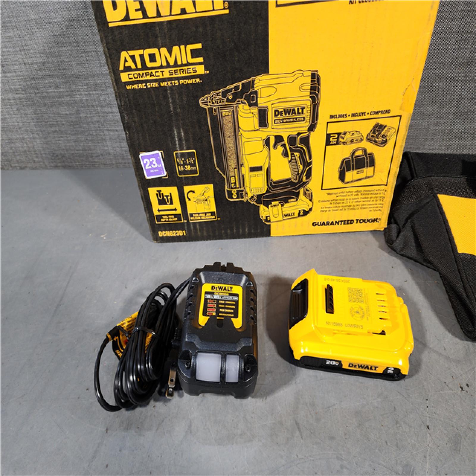 HOUSTON LOCATION - AS-IS DEWALT ATOMIC 20V MAX Lithium Ion Cordless 23 Gauge Pin Nailer Kit with 2.0Ah Battery and Charger