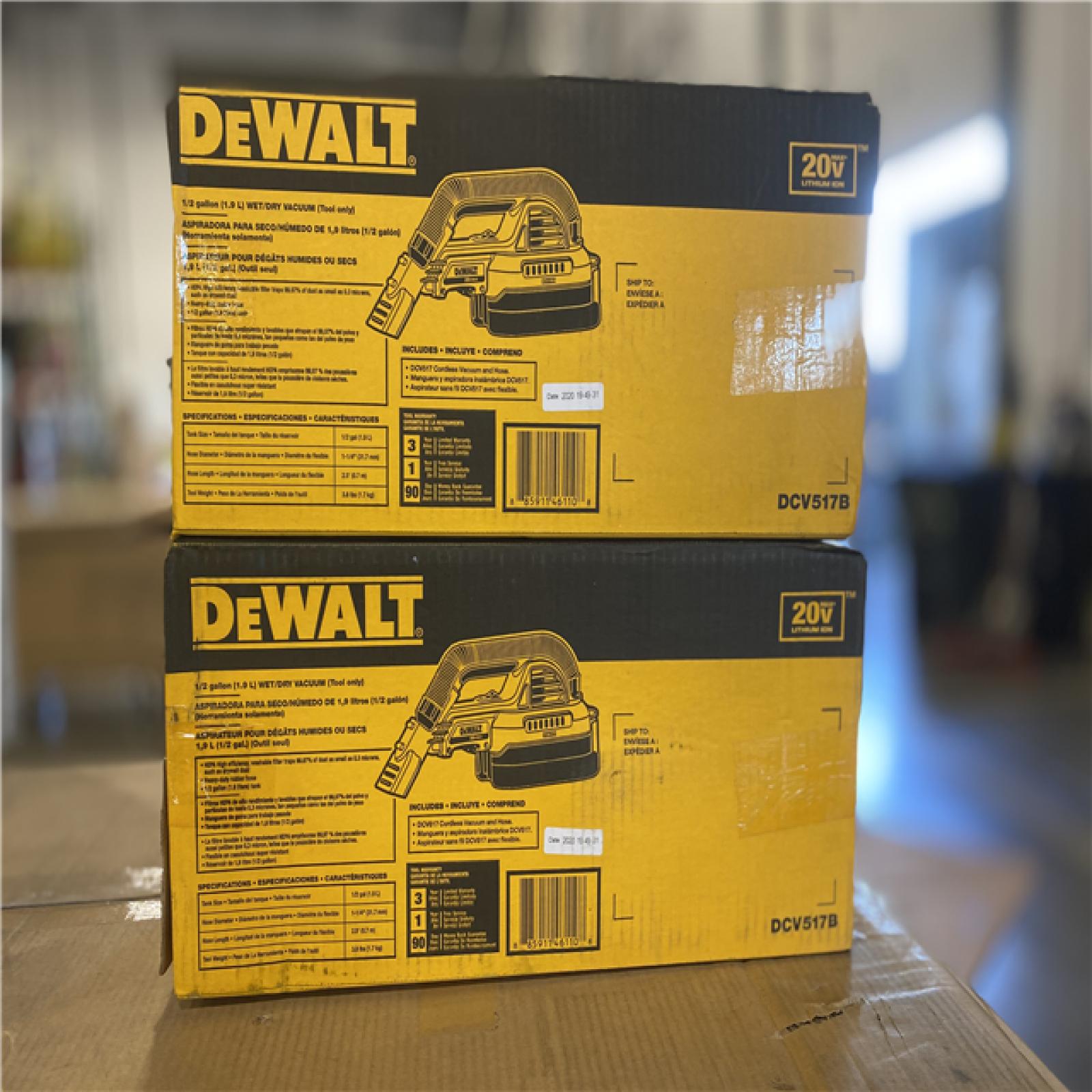 NEW! -  DEWALT 20V MAX Cordless 1/2 Gal. Wet/Dry Portable Vacuum (Tool Only) -( 2 UNITS)