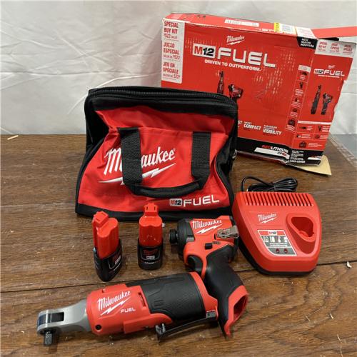 AS-IS Milwaukee 3453-22HSR M12 FUEL 12V Lithium-Ion Cordless 3/8 in. Ratchet and 1/4 in. Impact Driver Kit