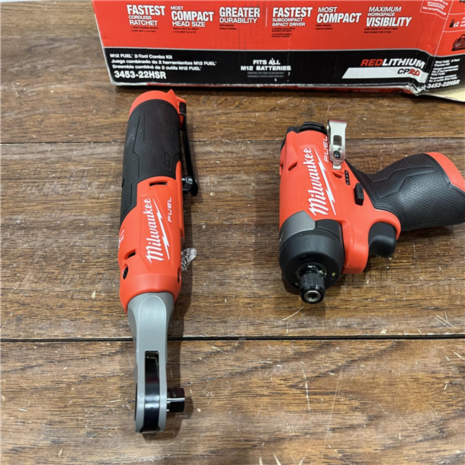 AS-IS Milwaukee 3453-22HSR M12 FUEL 12V Lithium-Ion Cordless 3/8 in. Ratchet and 1/4 in. Impact Driver Kit