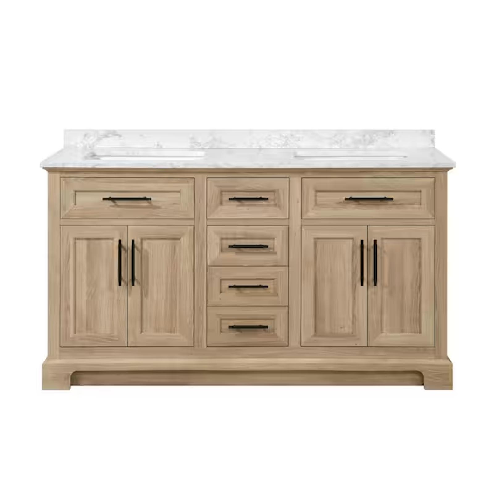 DALLAS LOCATION -Home Decorators Collection Doveton 60 in. Double Sink Freestanding Weathered Tan Bath Vanity with White Engineered Marble Top (Assembled)