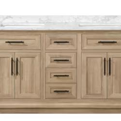 DALLAS LOCATION -Home Decorators Collection Doveton 60 in. Double Sink Freestanding Weathered Tan Bath Vanity with White Engineered Marble Top (Assembled)