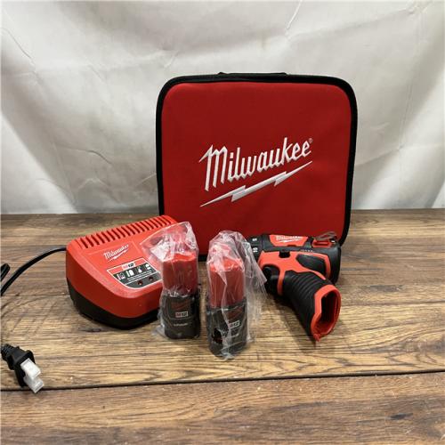 AS-IS MILWAUKEE M12 12V Lithium-Ion Cordless 3/8 in. Drill/Driver Kit with Two 1.5 Ah Batteries, Charger and Tool Bag