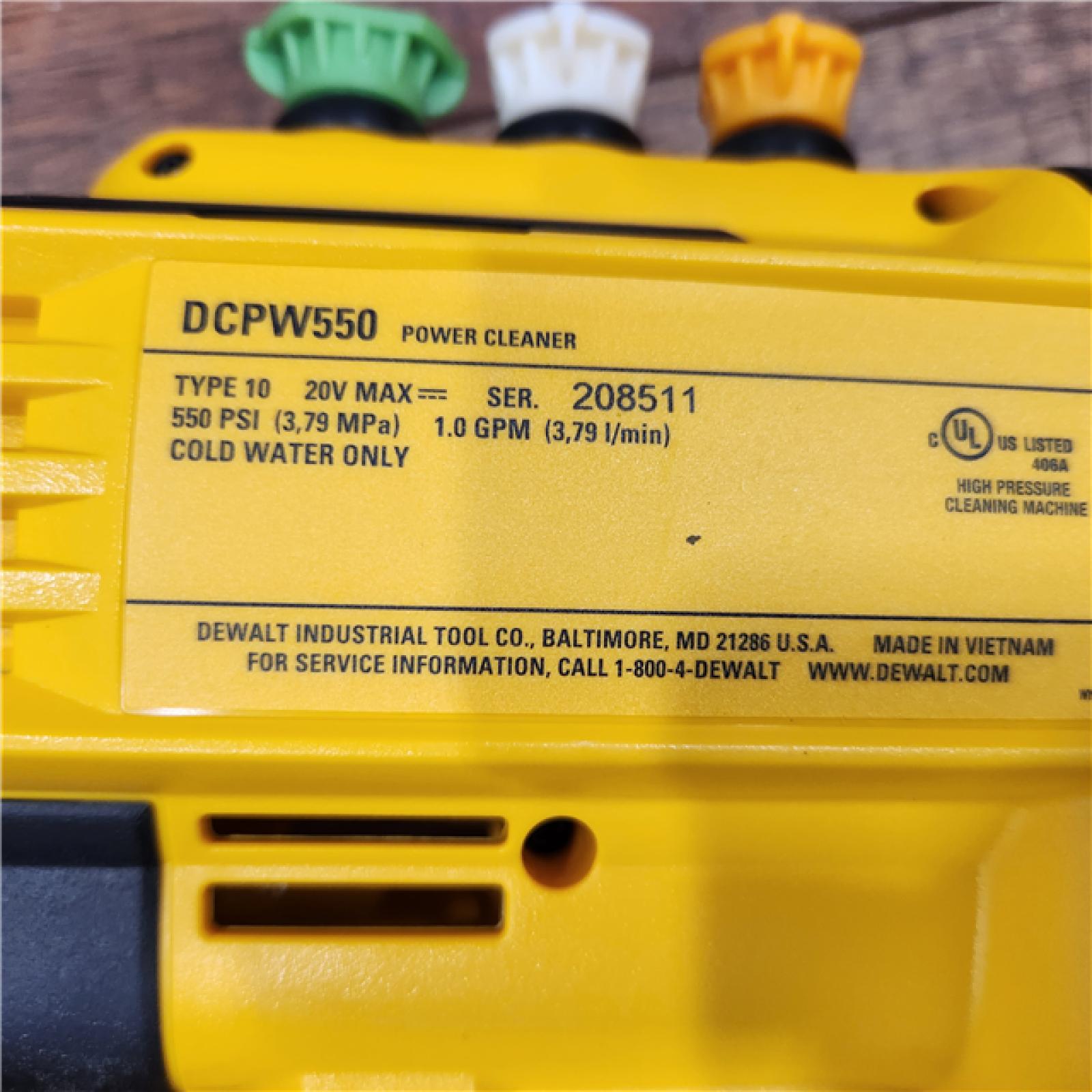 AS-IS DEWALT 20V MAX 550 PSI 1.0 GPM Cold Water Cordless Battery Power Cleaner with 4 Nozzles (Tool Only)