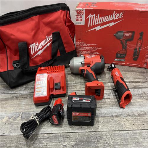 AS-IS MILWAUKEE M12/M18 12/18V Lithium-Ion Cordless 3/8 in. Ratchet and 1/2 in. High Torque Impact Wrench with Friction Ring Combo Kit