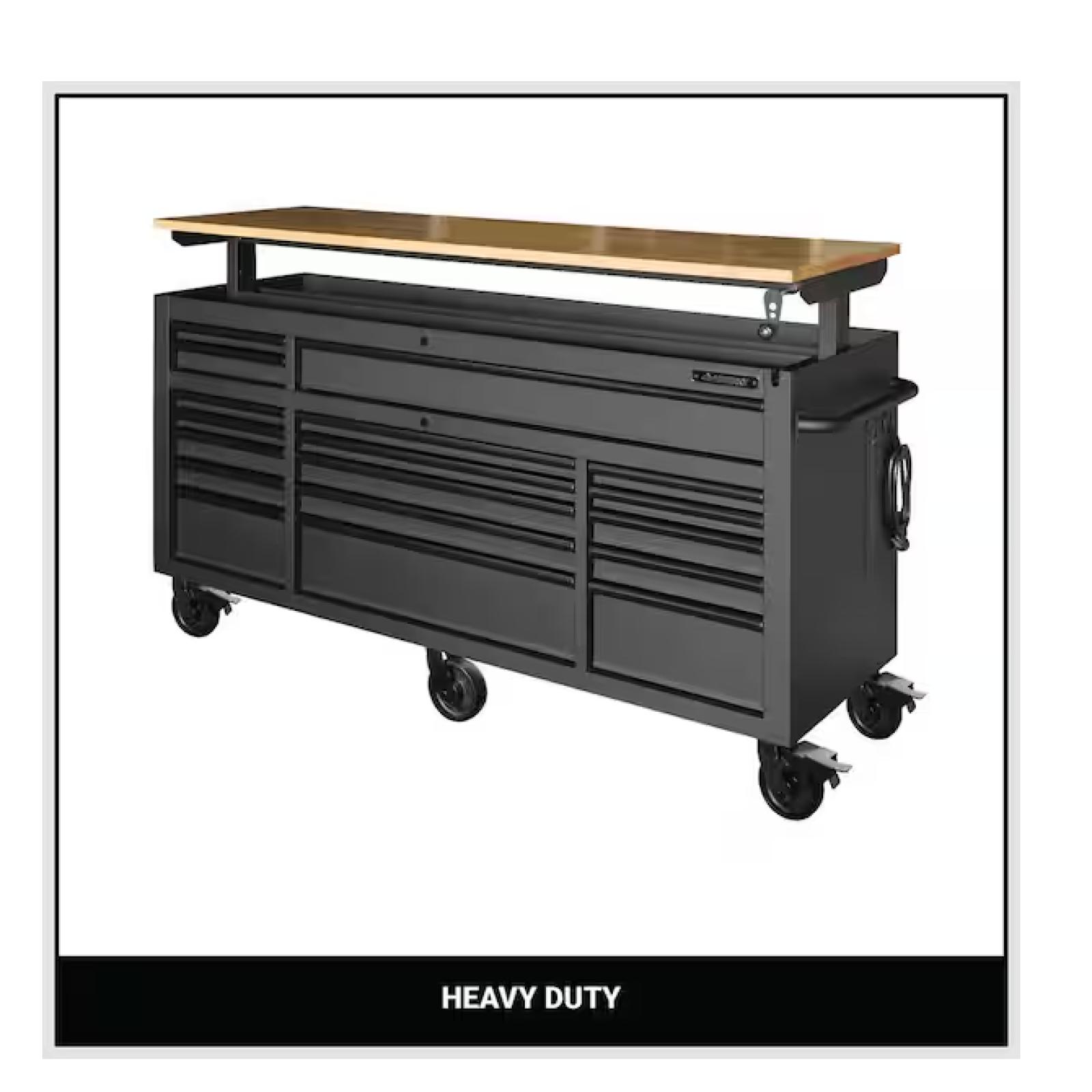 DALLAS LOCATION - Husky 72 in. W x 24 in. D Heavy Duty 18-Drawer Mobile Workbench Cabinet with Adjustable-Height Hardwood Top in Matte Black