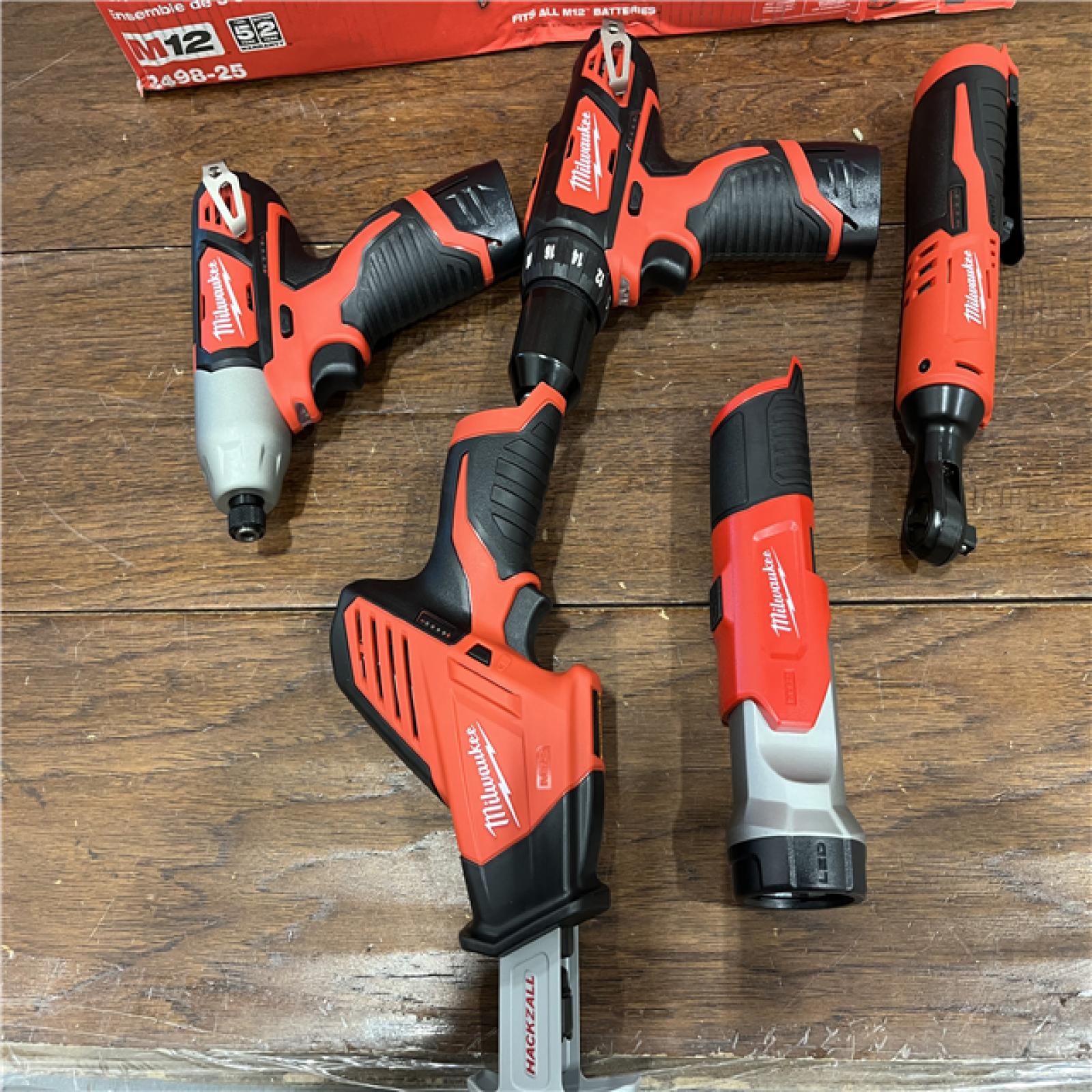 AS-IS MILWAUKEE M12 12V Lithium-Ion Cordless Combo Kit (5-Tool) with Two 1.5Ah Batteries, Charger & Tool Bag