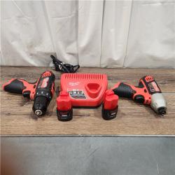 AS-IS Milwaukee 2494-22 M12 Cordless Combination 3/8  Drill / Driver and 1/4  Hex Impact Driver Dual Power Tool Kit (2 Lithium Ion Batteries  Charger  and B