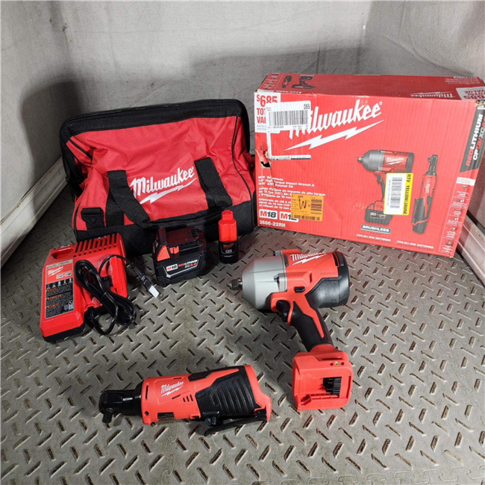 HOUSTON LOCATION - AS-IS (APPEARS LIKE NEW) M12/M18 12/18V Lithium-Ion Cordless 3/8 in. Ratchet and 1/2 in. High Torque Impact Wrench with Friction Ring Combo Kit