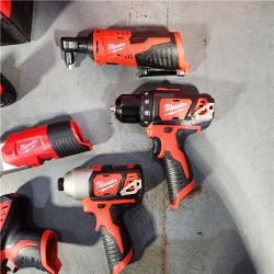 HOUSTON LOCATION - AS-IS MILWAUKEE M12 12V Lithium-Ion Cordless Combo Kit (5-Tool) with Two 1.5Ah Batteries, Charger & Tool Bag