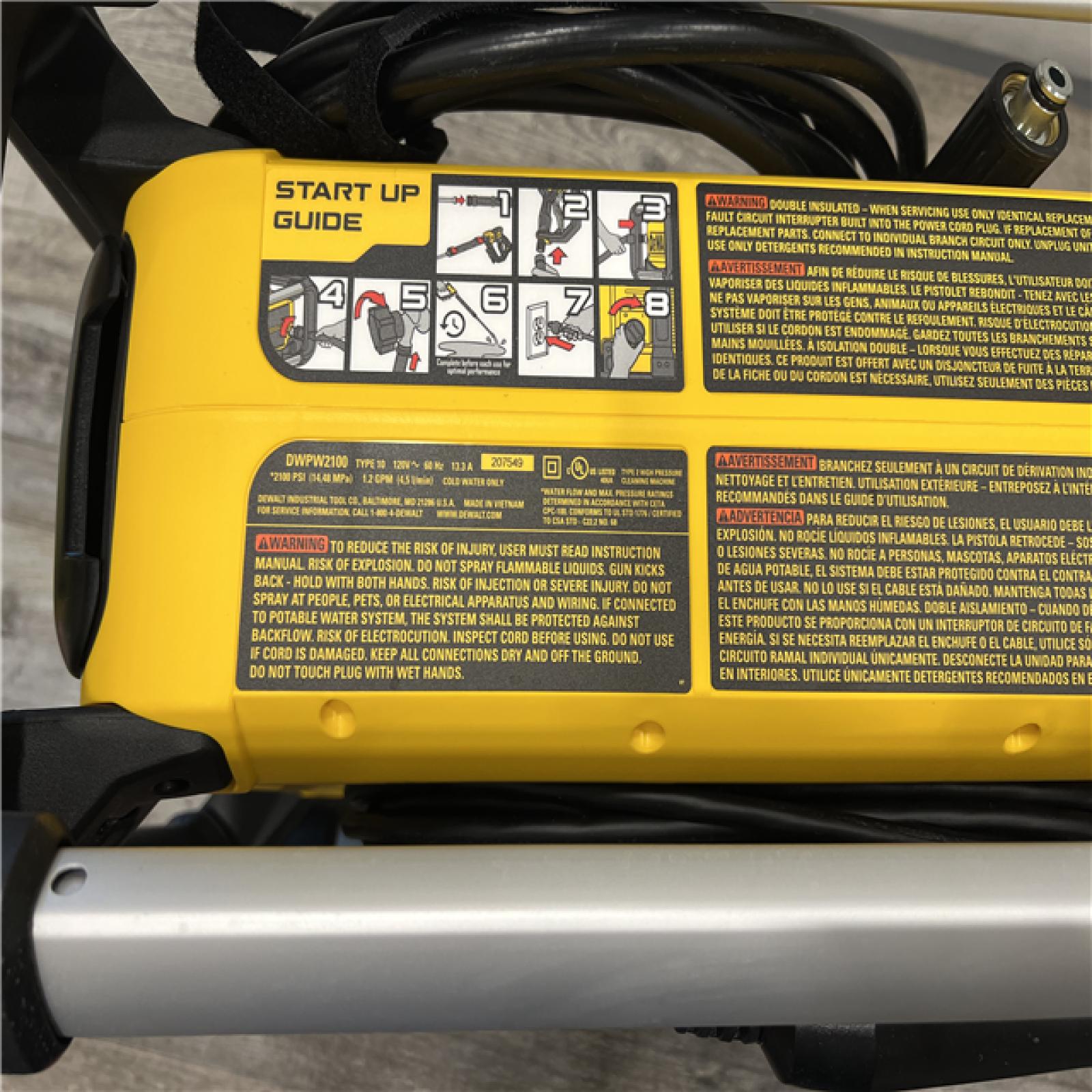 AS-IS DeWalt 2100 PSI 13 Amp Cold Water Electric Pressure Washer with Internal Equipment Storage