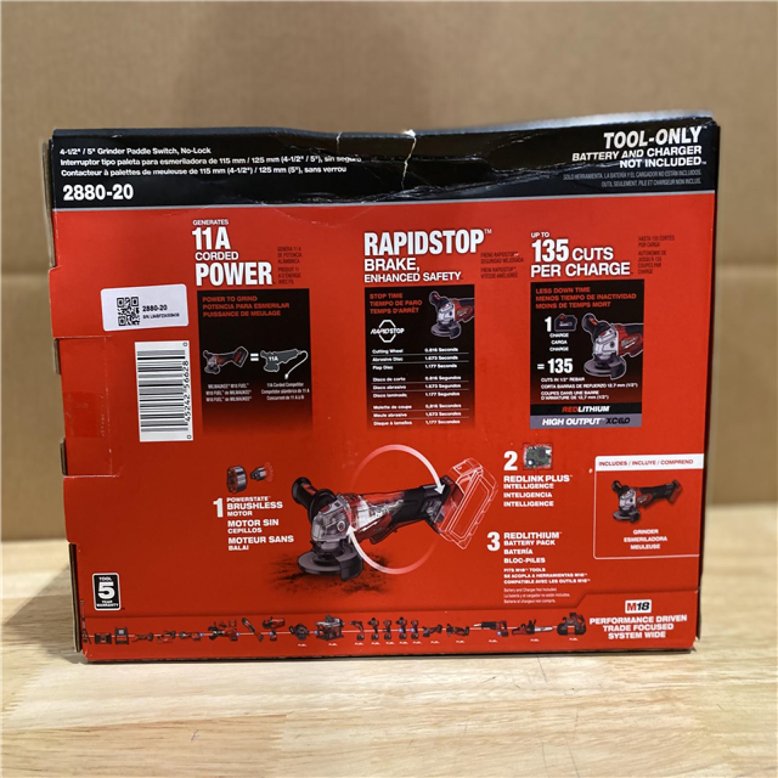 NEW! - Milwaukee M18 FUEL 18V Lithium-Ion Brushless Cordless 4-1/2 in./5 in. Grinder w/Paddle Switch (Tool-Only)