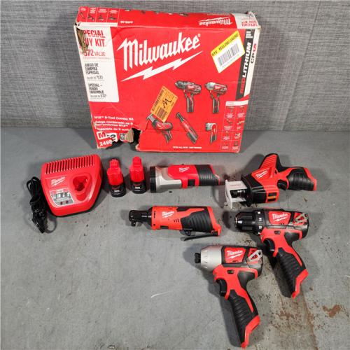 HOUSTON LOCATION - AS-IS MILWAUKEE M12 12V Lithium-Ion Cordless Combo Kit (5-Tool) with Two 1.5Ah Batteries, Charger