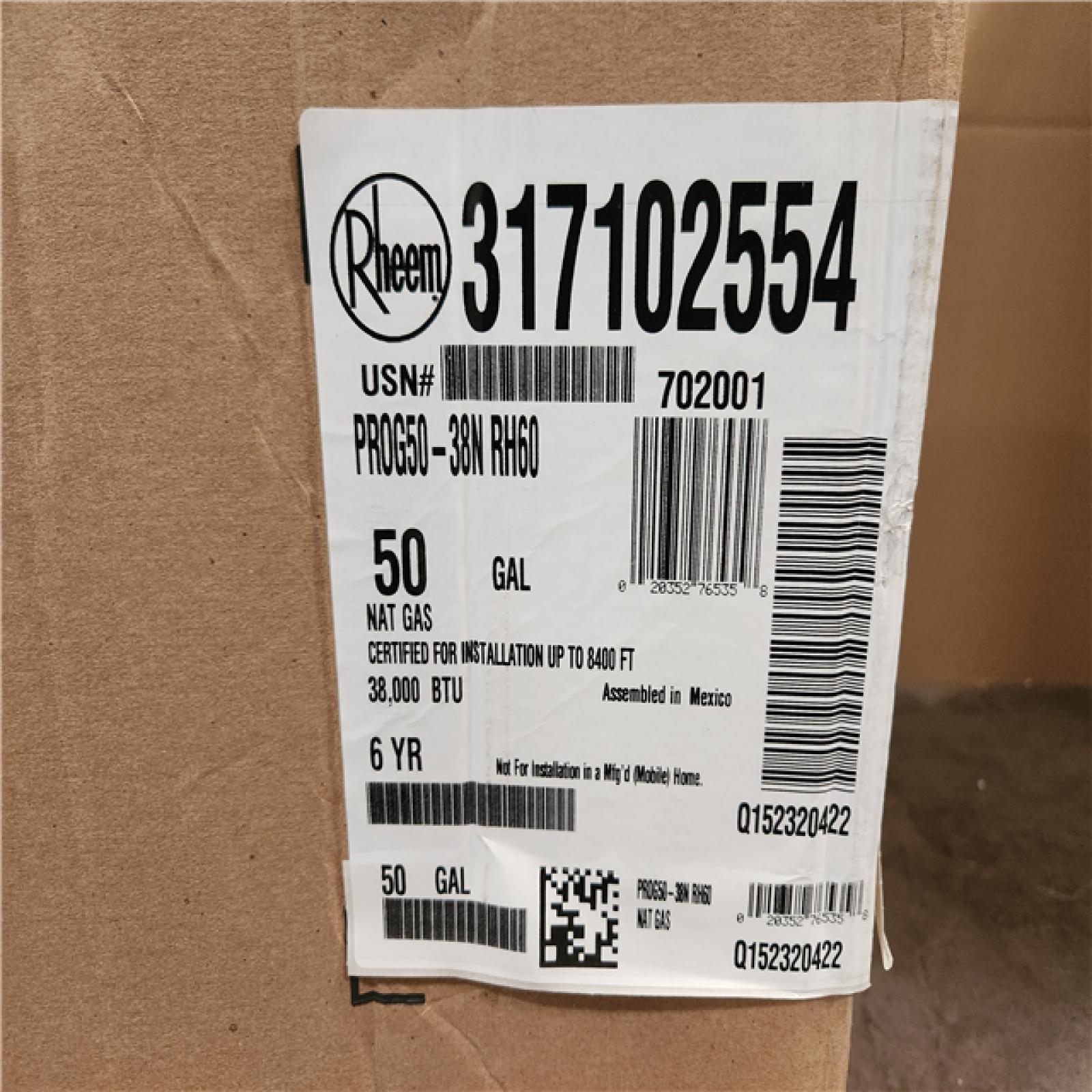Phoenix Location NEW Rheem Professional Classic 50 Gal. 6 Year Tall 38k BTU Atmospheric Natural Gas Tank Water Heater