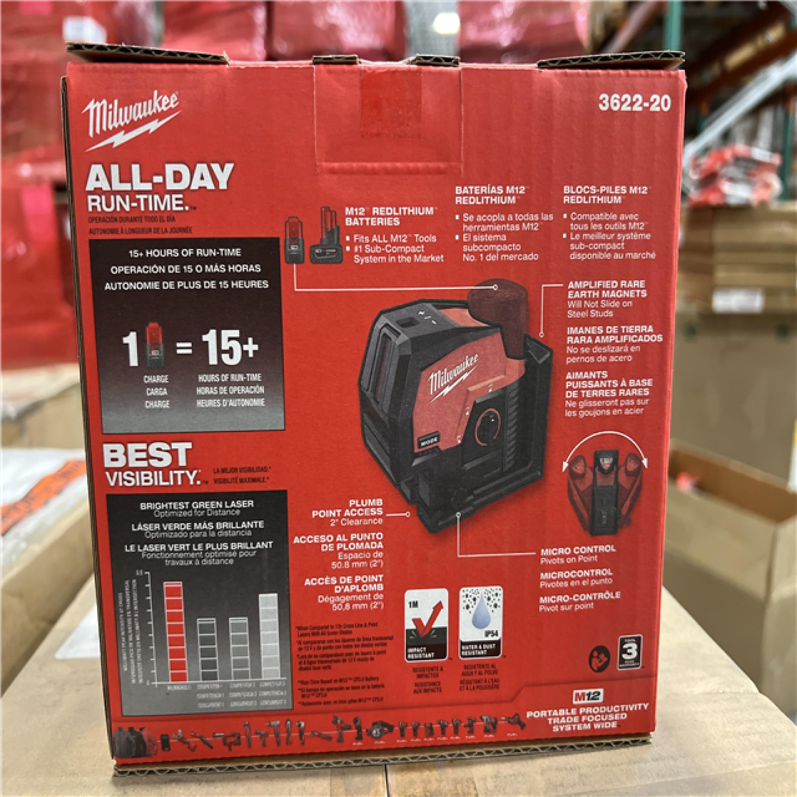 NEW! - Milwaukee M12 12-Volt Lithium-Ion Cordless Green 125 ft. Cross Line and Plumb Points Laser Level (Tool-Only)