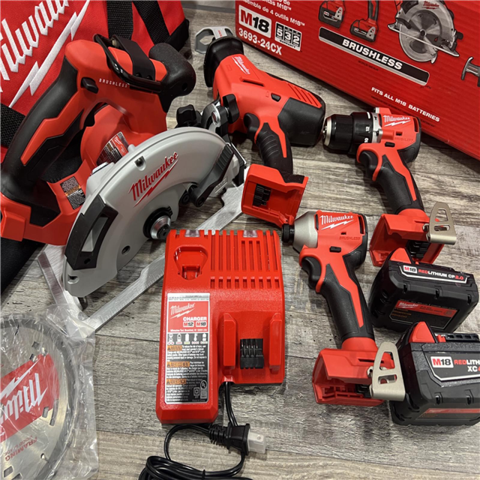 AS-IS MILWAUKEE M18 18-Volt Lithium-Ion Brushless Cordless Combo Kit (4-Tool) with 2-Batteries, 1-Charger and Tool Bag