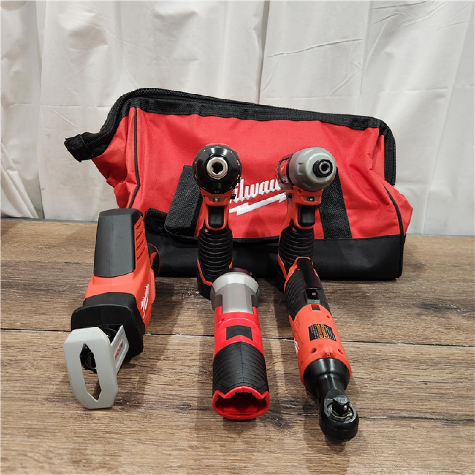 AS IS MILWAUKEE M12 12V Lithium-Ion Cordless Combo Kit (5-Tool) with Two 1.5Ah Batteries, Charger & Tool Bag