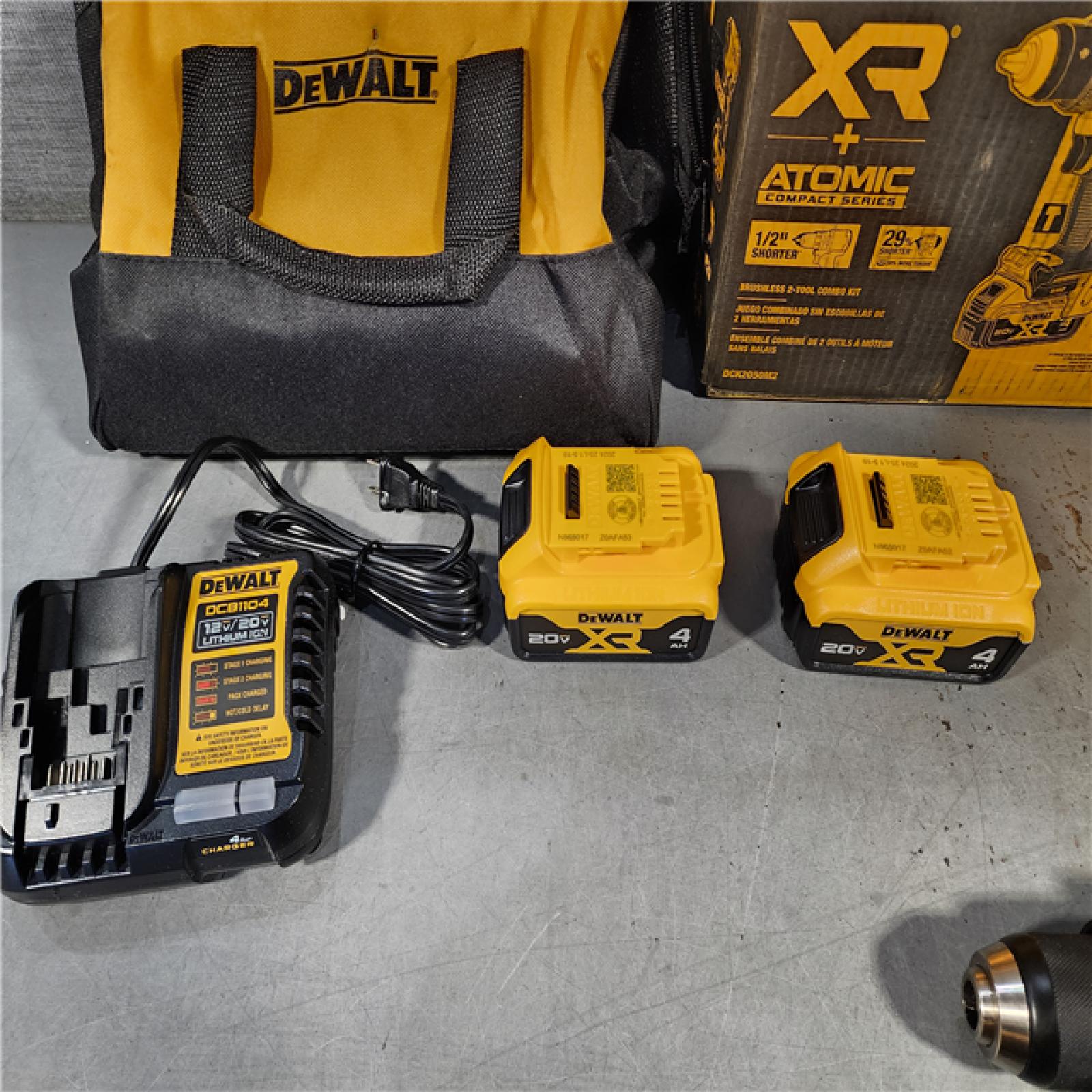 HOUSTON LOCATION - AS-IS DEWALT 20V MAX XR Hammer Drill and ATOMIC Impact Driver 2 Tool Cordless Combo Kit with (2) 4.0Ah Batteries, Charger, and Bag