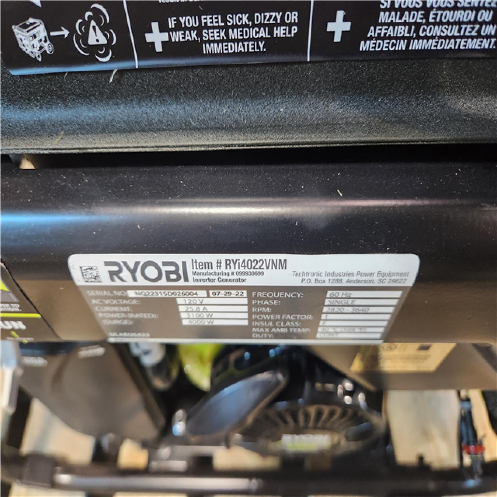 California AS-IS Ryobi 3400 Running Watt 4000 Starting Watt Power Inverter Generator