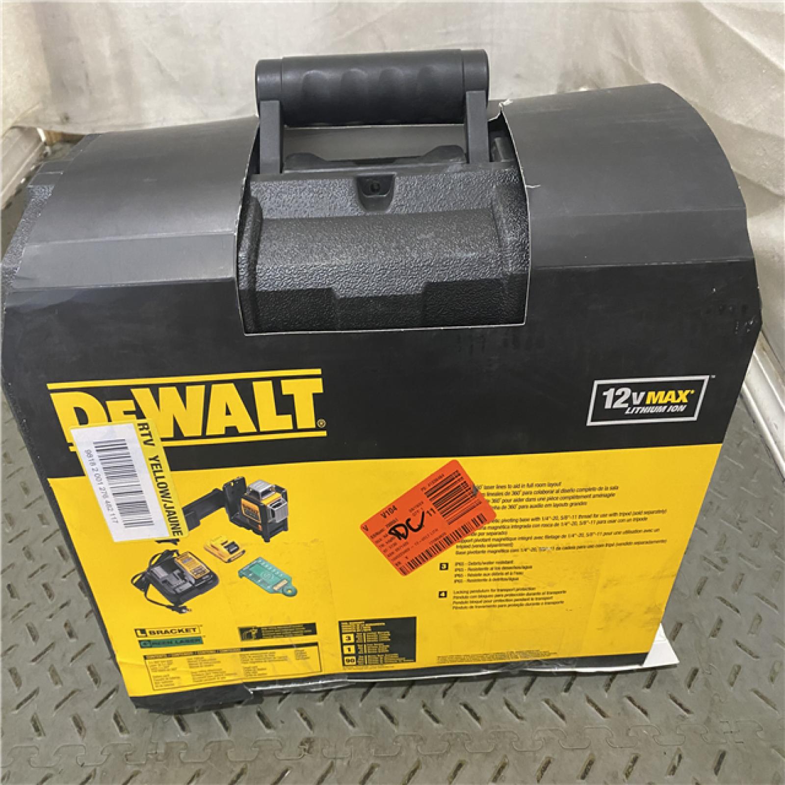 Houston location AS-IS DEWALT 12V MAX Lithium-Ion 100 Ft. Green Self-Leveling 3-Beam 360 Degree Laser Level with 2.0Ah Battery, Charger and Case