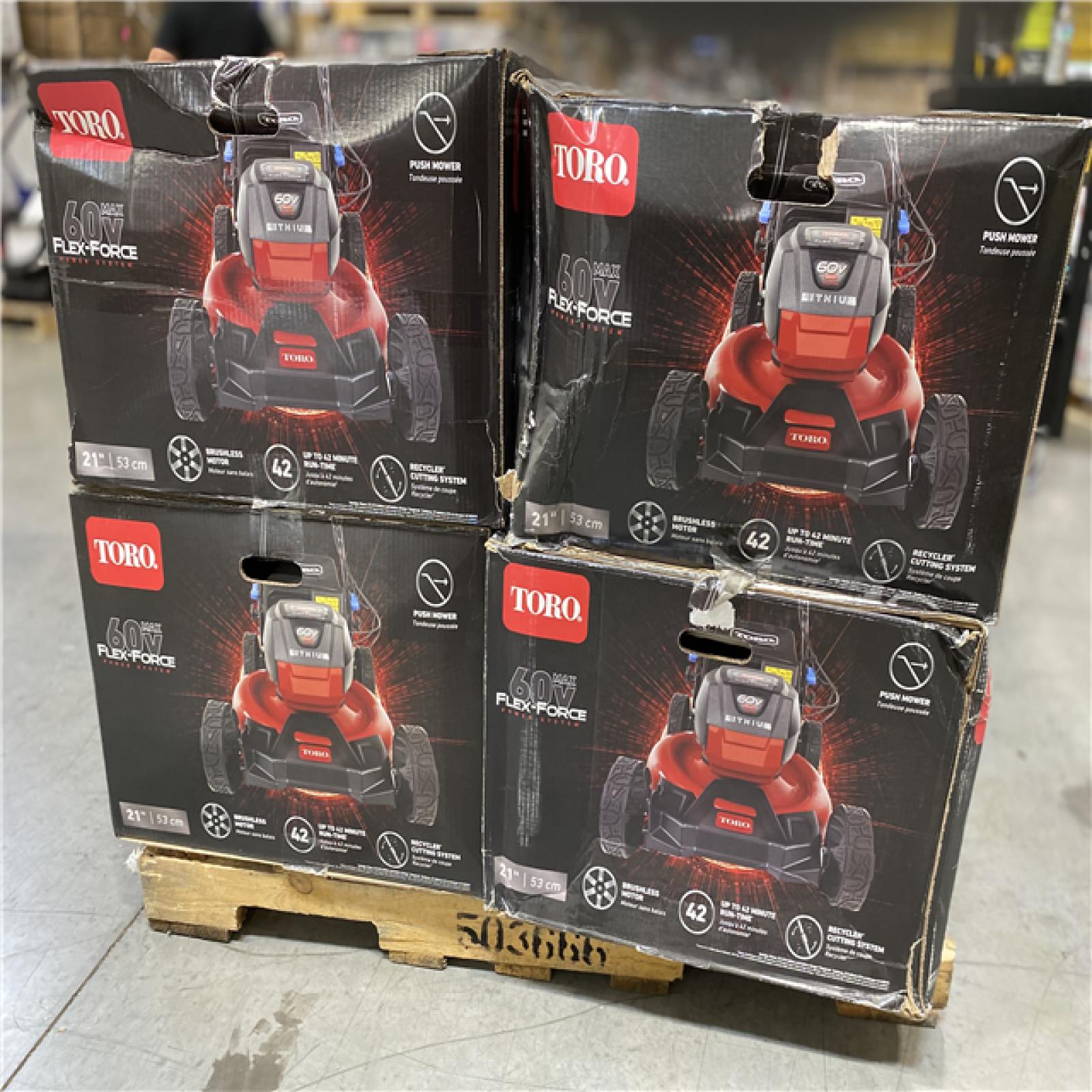 DALLAS LOCATION - NEW! TORO DALLAS LOCATION - NEW! TORO 60V Max* 21 in. Super Recycler® w/Personal Pace & SmartStow Lawn Mower with 7.5Ah Battery PALLET - (4 UNITS)