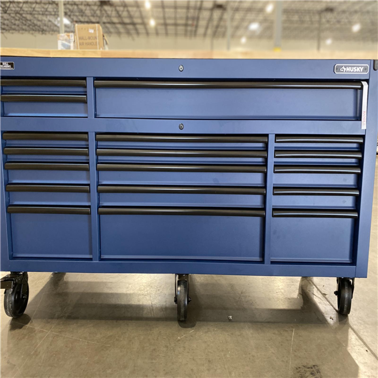 DALLAS LOCATION - Husky Tool Storage 72 in. W Heavy Duty Matte Blue Mobile Workbench Cabinet Adjustable Height Solid Wood Top