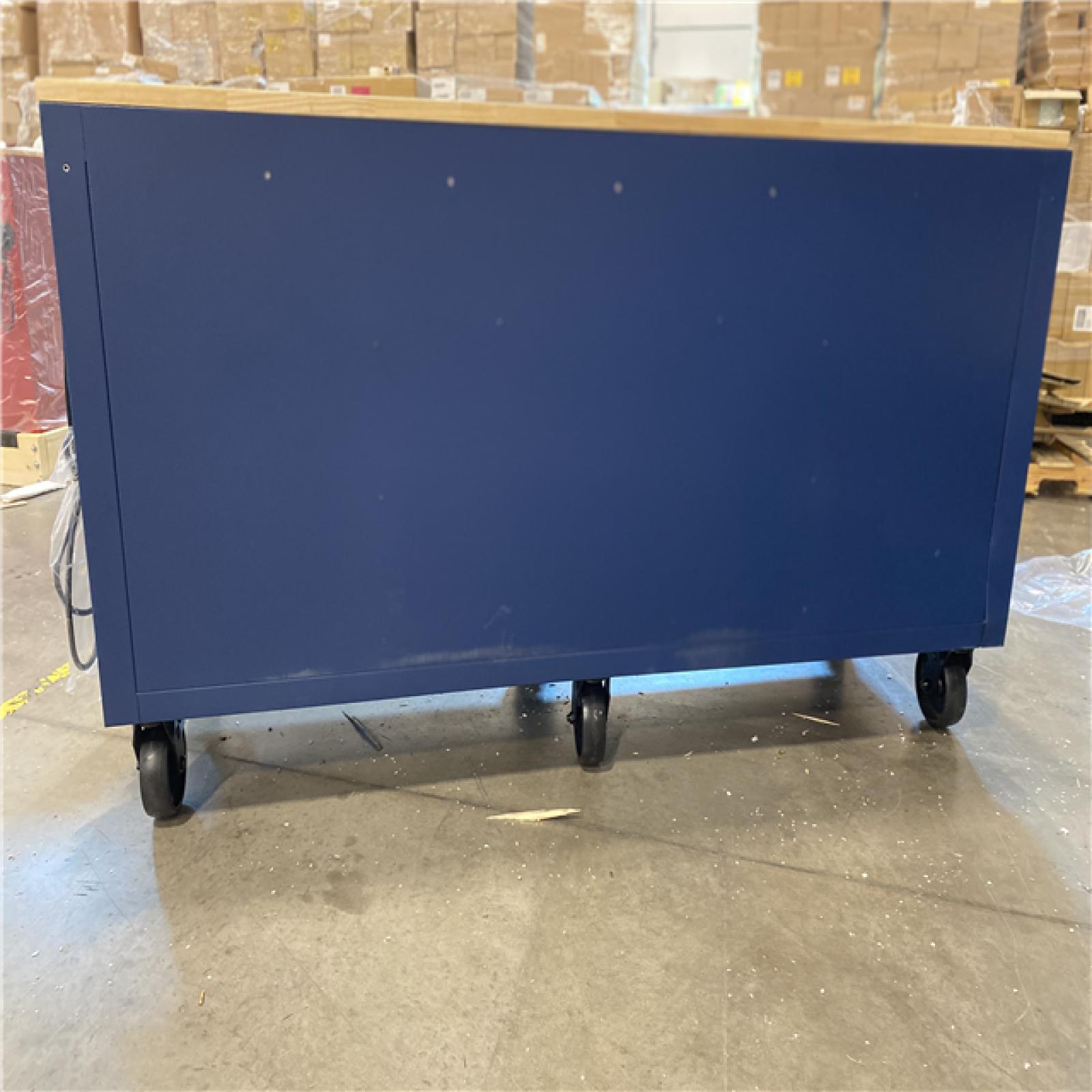 DALLAS LOCATION - Husky Tool Storage 72 in. W Heavy Duty Matte Blue Mobile Workbench Cabinet Adjustable Height Solid Wood Top