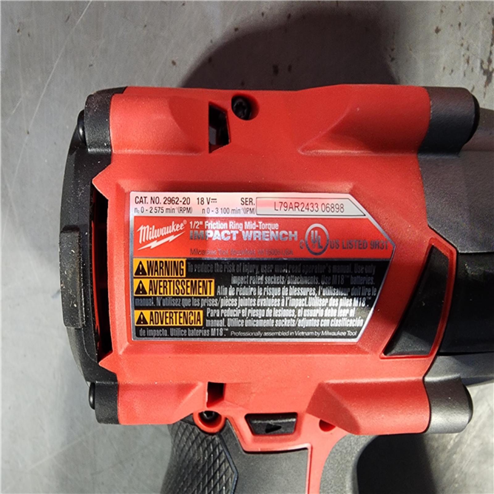 HOUSTON LOCATION - AS-IS Milwaukee M18 18V Fuel 1/2  Mid-Torque Impact Wrench Cordless Lithium-Ion Brushless with Friction Ring 2962-20