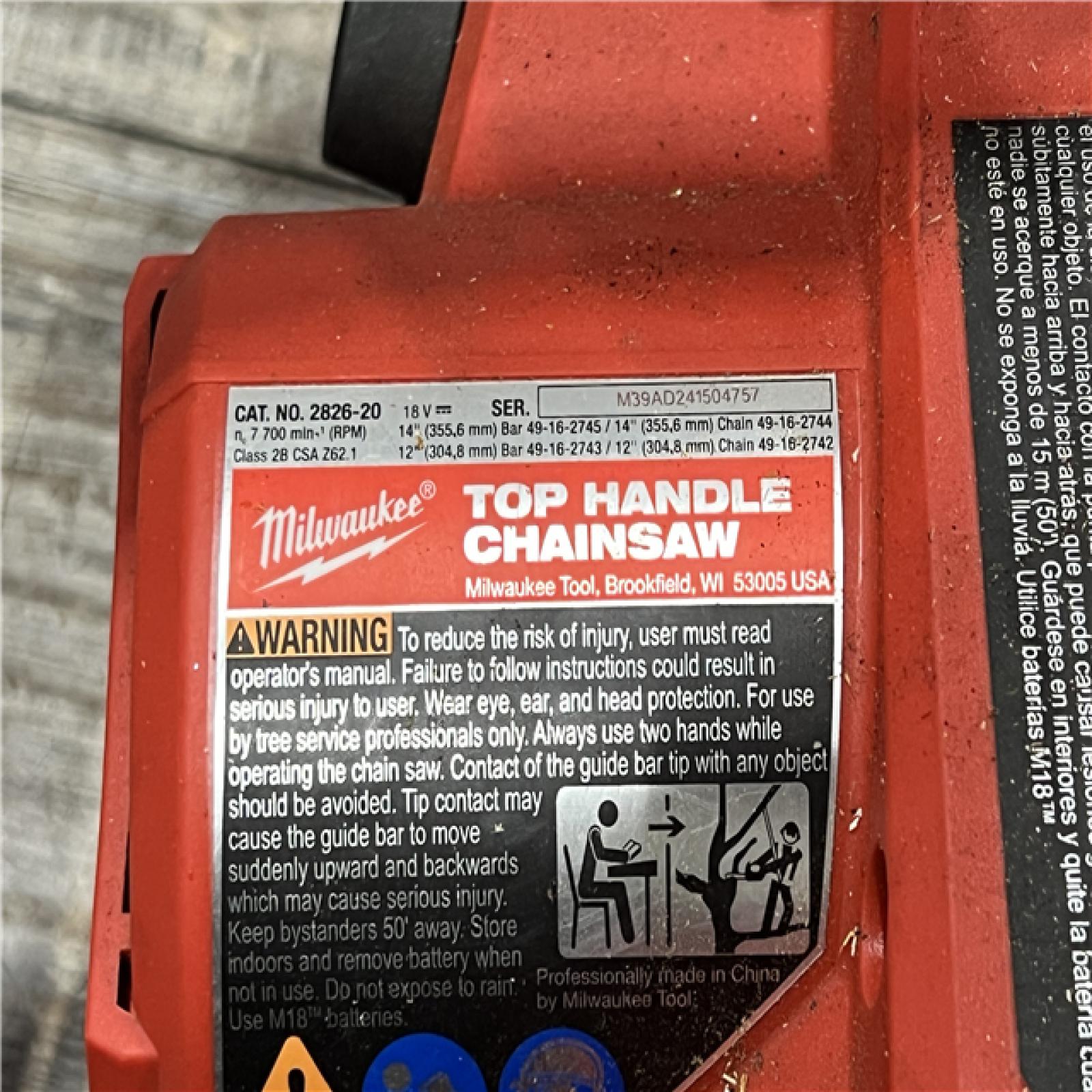 AS-IS Milwaukee Tool 2826-20T M18 FUEL 14  Top Handle 18-Volt Lithium-Ion Brushless Electric Cordless Chainsaw (Tool-Only)