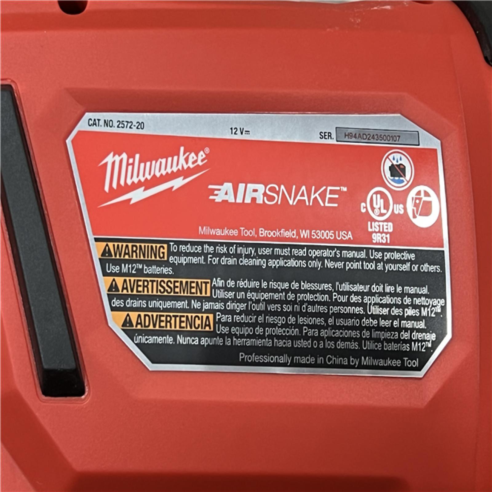 AS-IS MILWAUKEE M12 12-Volt Lithium-Ion Cordless Drain Cleaning Airsnake Air Gun Kit with (1) 2.0Ah Battery, Toilet Attachments