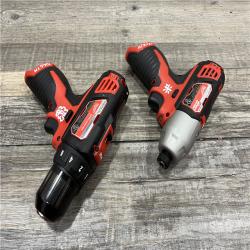 AS-IS Milwaukee 2494-22 M12 Cordless Combination 3/8  Drill / Driver and 1/4  Hex Impact Driver Dual Power Tool Kit (2 Lithium Ion Batteries  Charger  and B