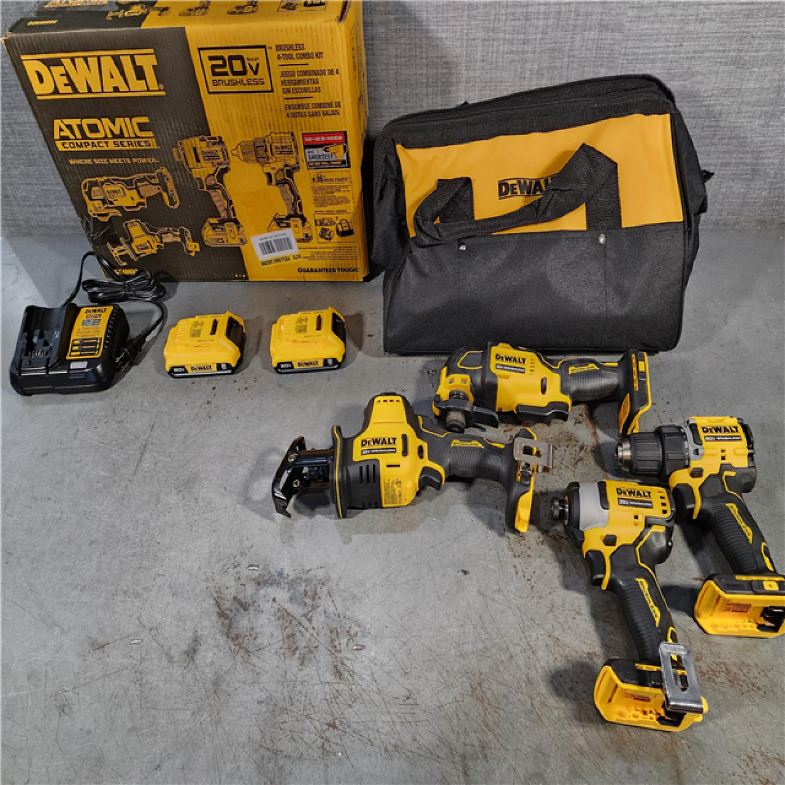 HOUSTON LOCATION - AS-IS (APPEARS LIKE NEW) DeWalt 20V MAX ATOMIC Cordless Brushless 4 Tool Combo Kit