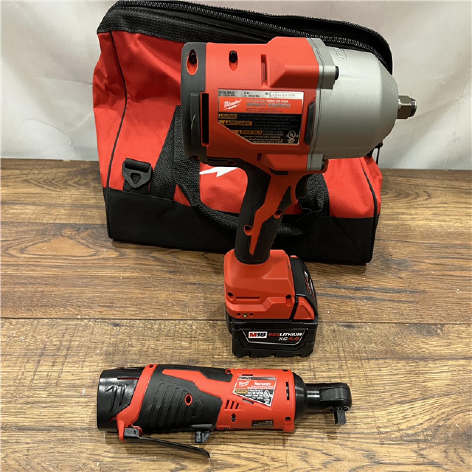 AS IS M12/M18 12/18V Lithium-Ion Cordless 3/8 in. Ratchet and 1/2 in. High Torque Impact Wrench with Friction Ring Combo Kit