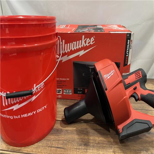 AS-IS MILWAUKEE M12 12-V Lithium-Ion Cordless Drain Snake Auger W/ (1) 1.5Ah Battery, 5/16 in. X 25 Ft. Cable, & 5 Gal. Bucket