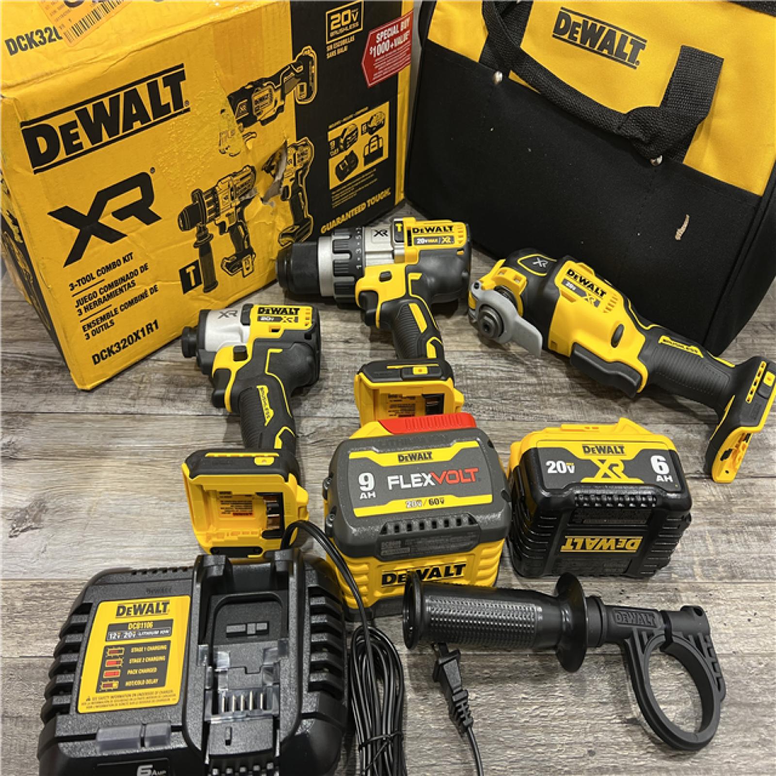 AS-IS DEWALT 20-Volt Lithium-Ion Cordless 3-Tool Combo Kit with FLEXVOLT 9 Ah and 20V 6 Ah Batteries and Charger