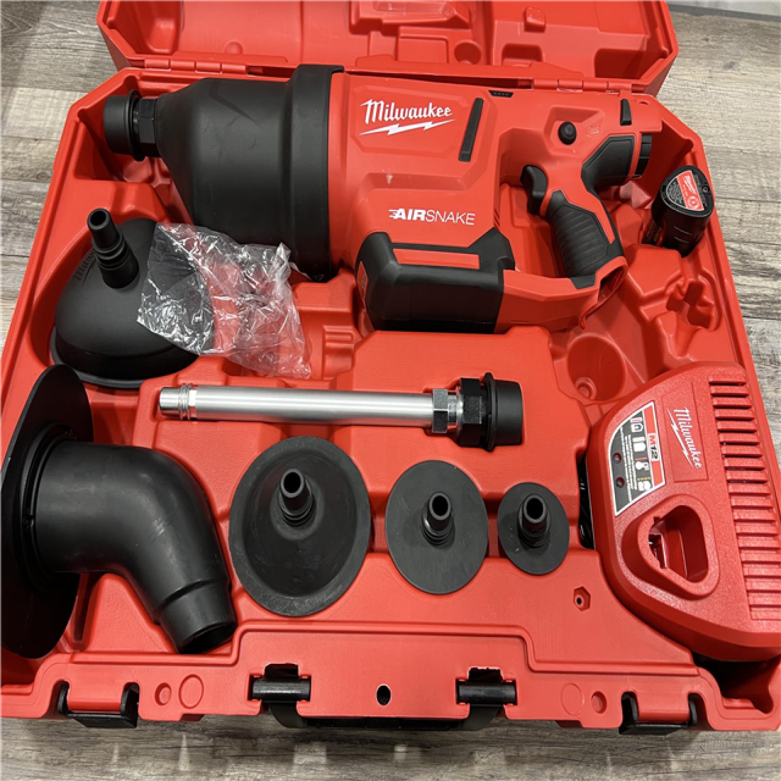 AS-IS MILWAUKEE M12 12-Volt Lithium-Ion Cordless Drain Cleaning Airsnake Air Gun Kit with (1) 2.0Ah Battery, Toilet Attachments