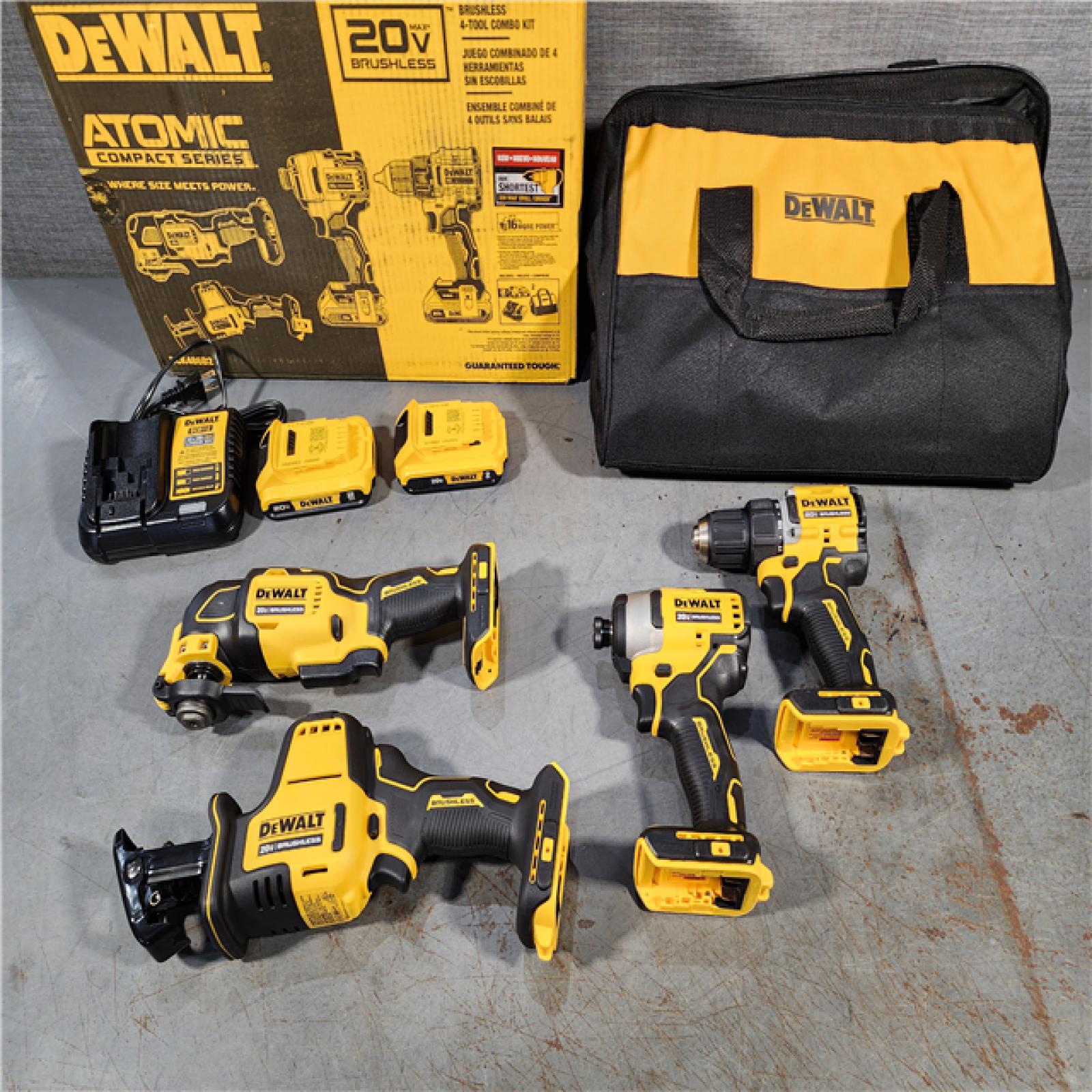 HOUSTON LOCATION - AS-IS (APPEARS LIKE NEW) DeWalt 20V MAX ATOMIC Cordless Brushless 4 Tool Combo Kit