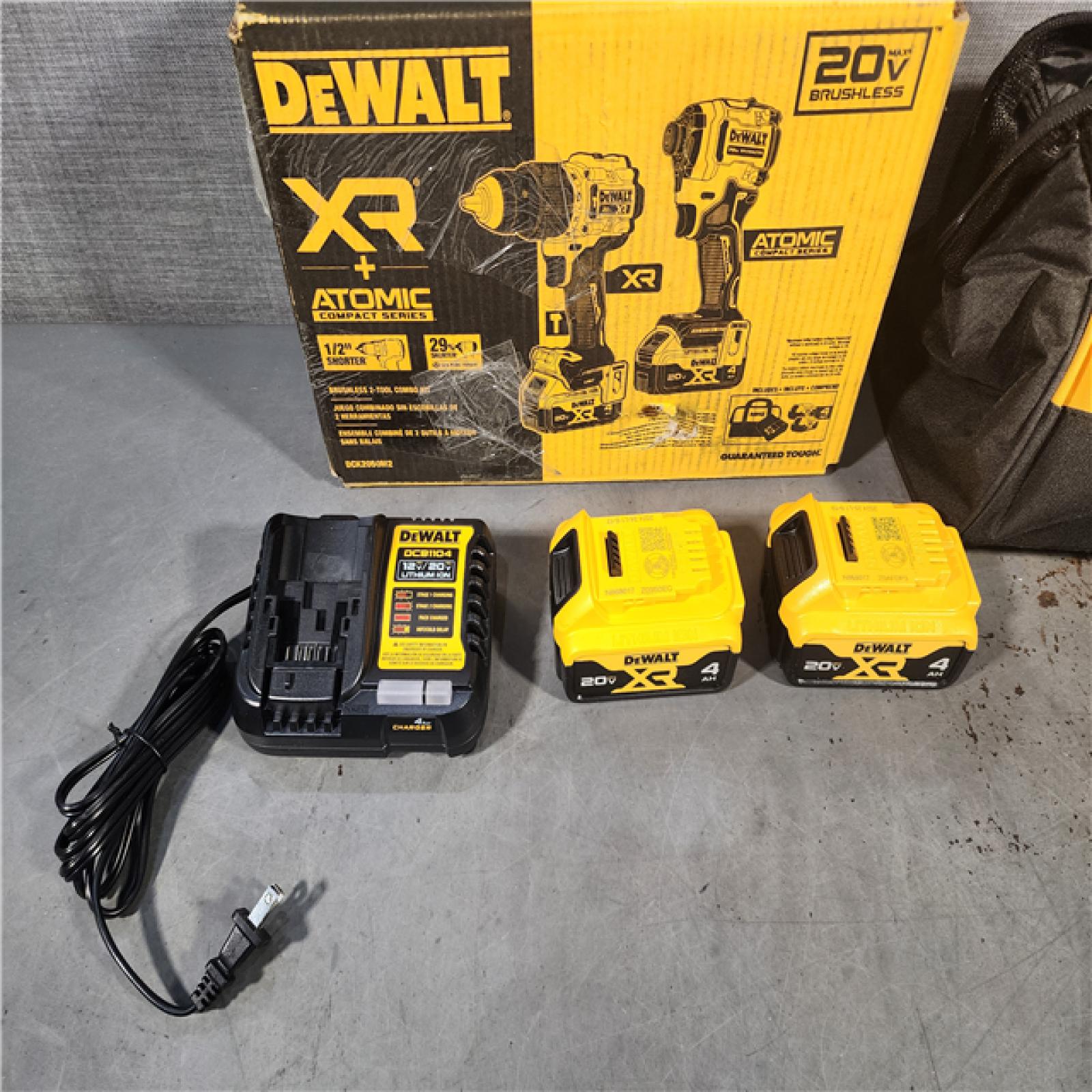 HOUSTON LOCATION - AS-IS DEWALT 20V MAX XR Hammer Drill and ATOMIC Impact Driver 2 Tool Cordless Combo Kit with (2) 4.0Ah Batteries, Charger, and Bag