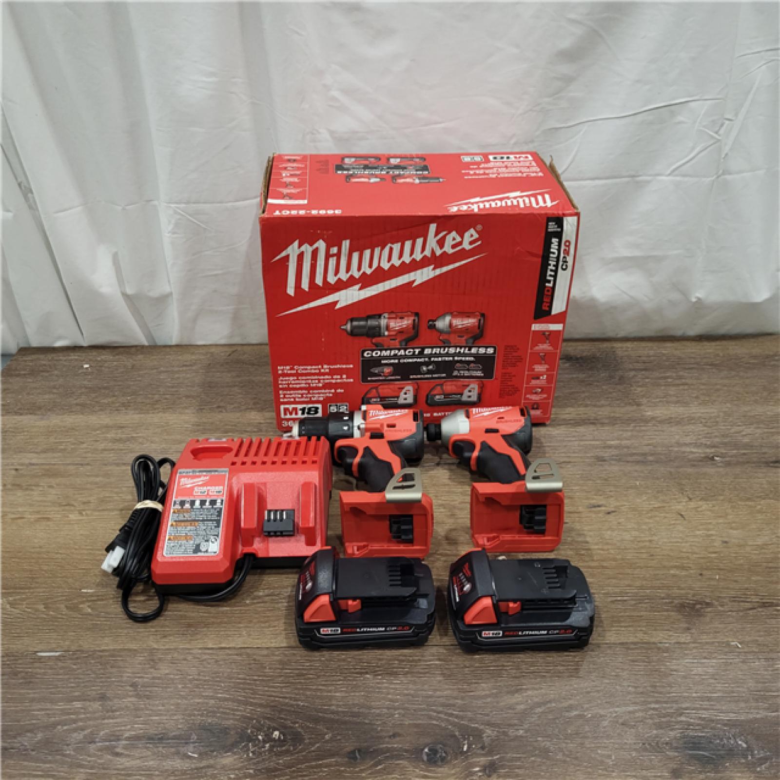 AS-IS M18 18V Lithium-Ion Brushless Cordless Compact Drill/Impact Combo Kit (2-Tool) W/(2) 2.0 Ah Batteries, Charger & Bag