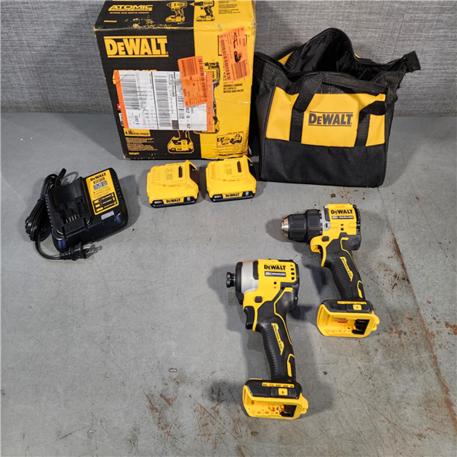 HOUSTON LOCATION - AS-IS DEWALT ATOMIC 20-Volt MAX Lithium-Ion Cordless Combo Kit (2-Tool) with (2) 2.0Ah Batteries, Charger and Bag