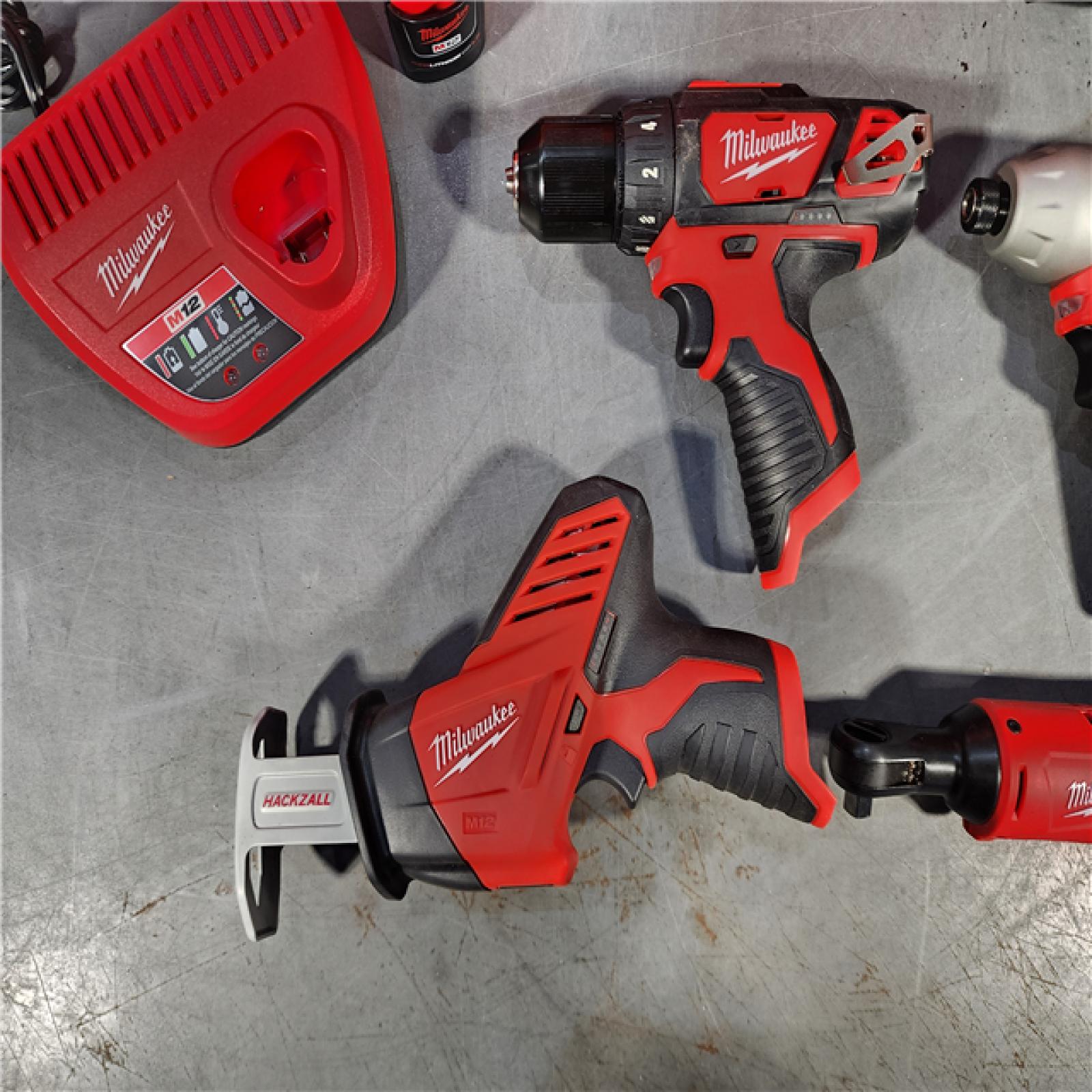 HOUSTON LOCATION - AS-IS MILWAUKEE M12 12V Lithium-Ion Cordless Combo Kit (5-Tool) with Two 1.5Ah Batteries, Charger & Tool Bag