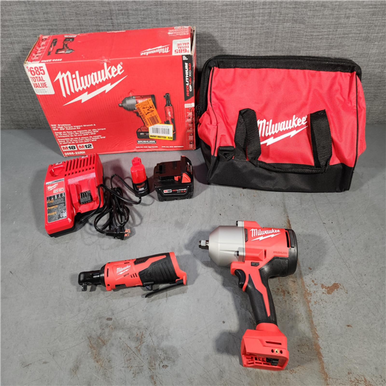 HOUSTON LOCATION - AS-IS M12/M18 12/18V Lithium-Ion Cordless 3/8 in. Ratchet and 1/2 in. High Torque Impact Wrench with Friction Ring Combo Kit