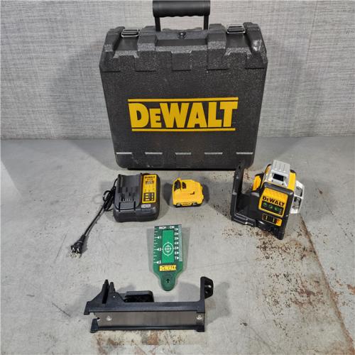 HOUSTON LOCATION - AS-IS DEWALT 12V MAX Lithium-Ion 100 Ft. Green Self-Leveling 3-Beam 360 Degree Laser Level with 2.0Ah Battery, Charger and Case