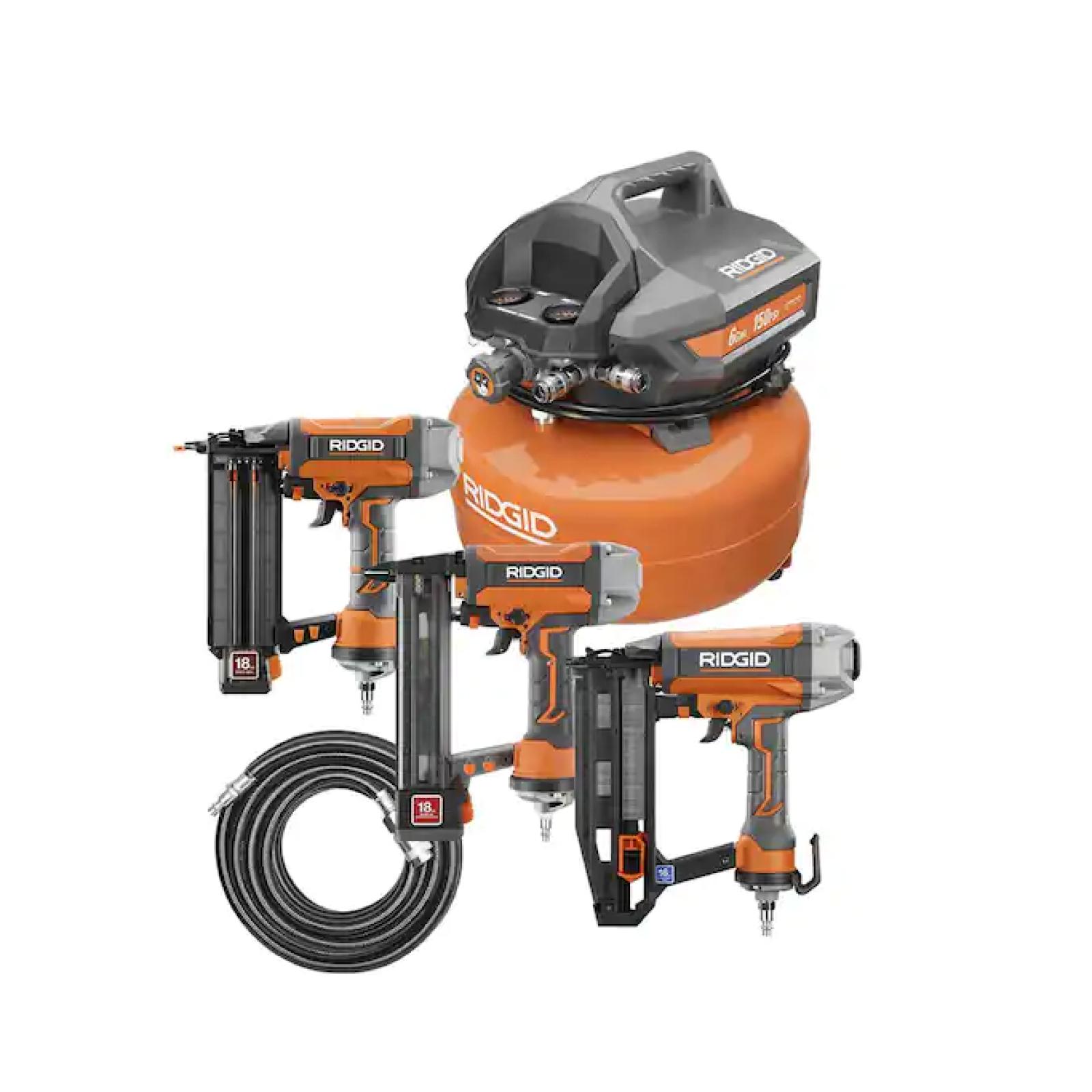 NEW! - RIDGID 6 Gal. Portable Electric Pancake Air Compressor w/ 18GA Brad Nailer, 16GA Straight Finish Nailer, & 18GA Finish Stapler