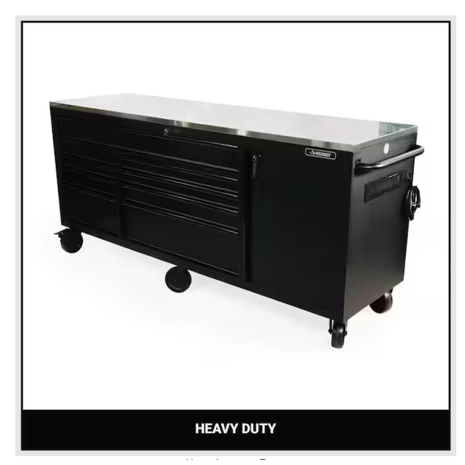 DALLAS LOCATION - Husky 84 in. W x 24 in. D 9-Drawer Heavy-Duty Mobile Workbench with Stainless Steel Top in Matte Black