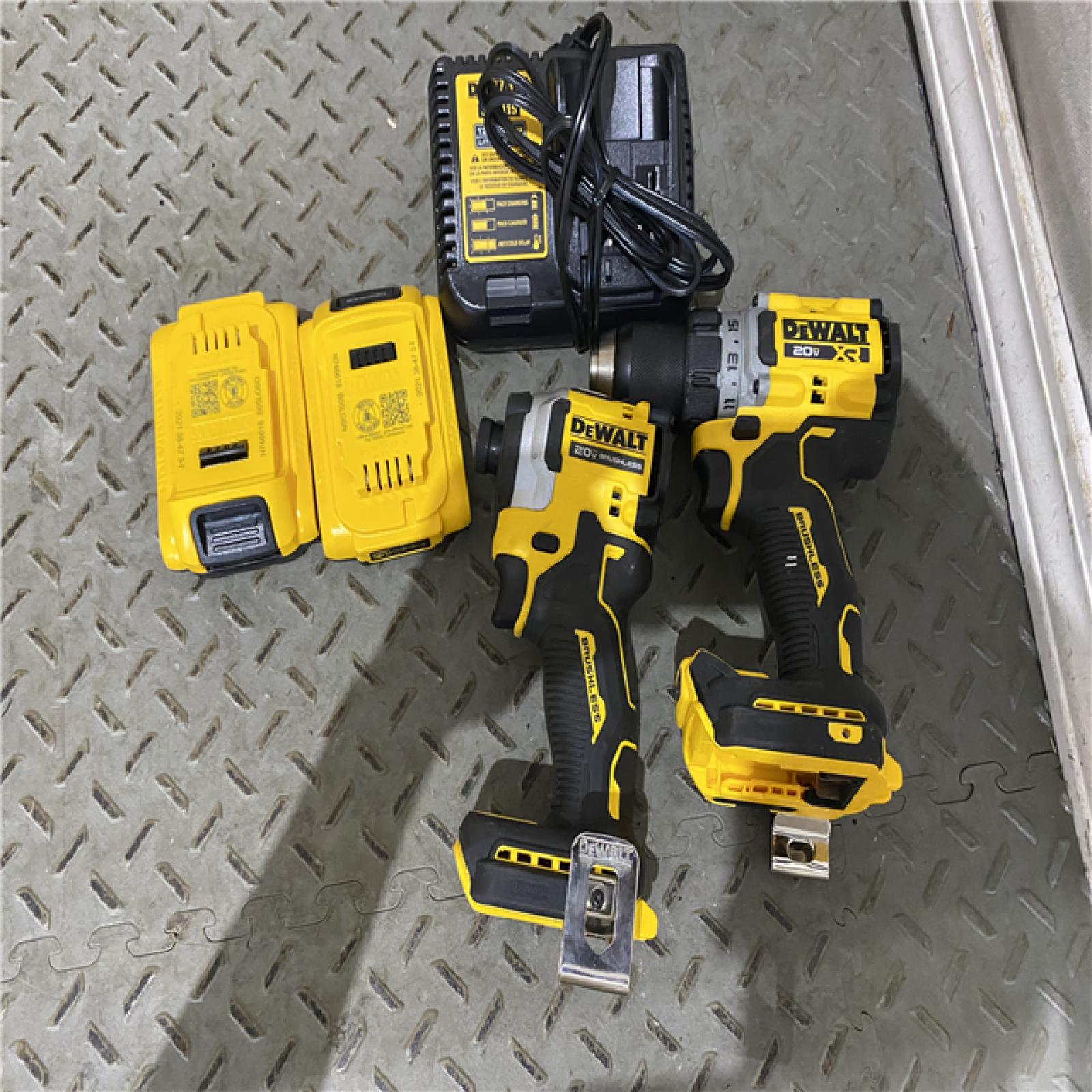 Houston location AS-IS DEWALT 20V MAX XR Cordless Drill/Driver, ATOMIC Impact Driver 2 Tool Combo Kit, (2) 2.0Ah Batteries, Charger, and Bag