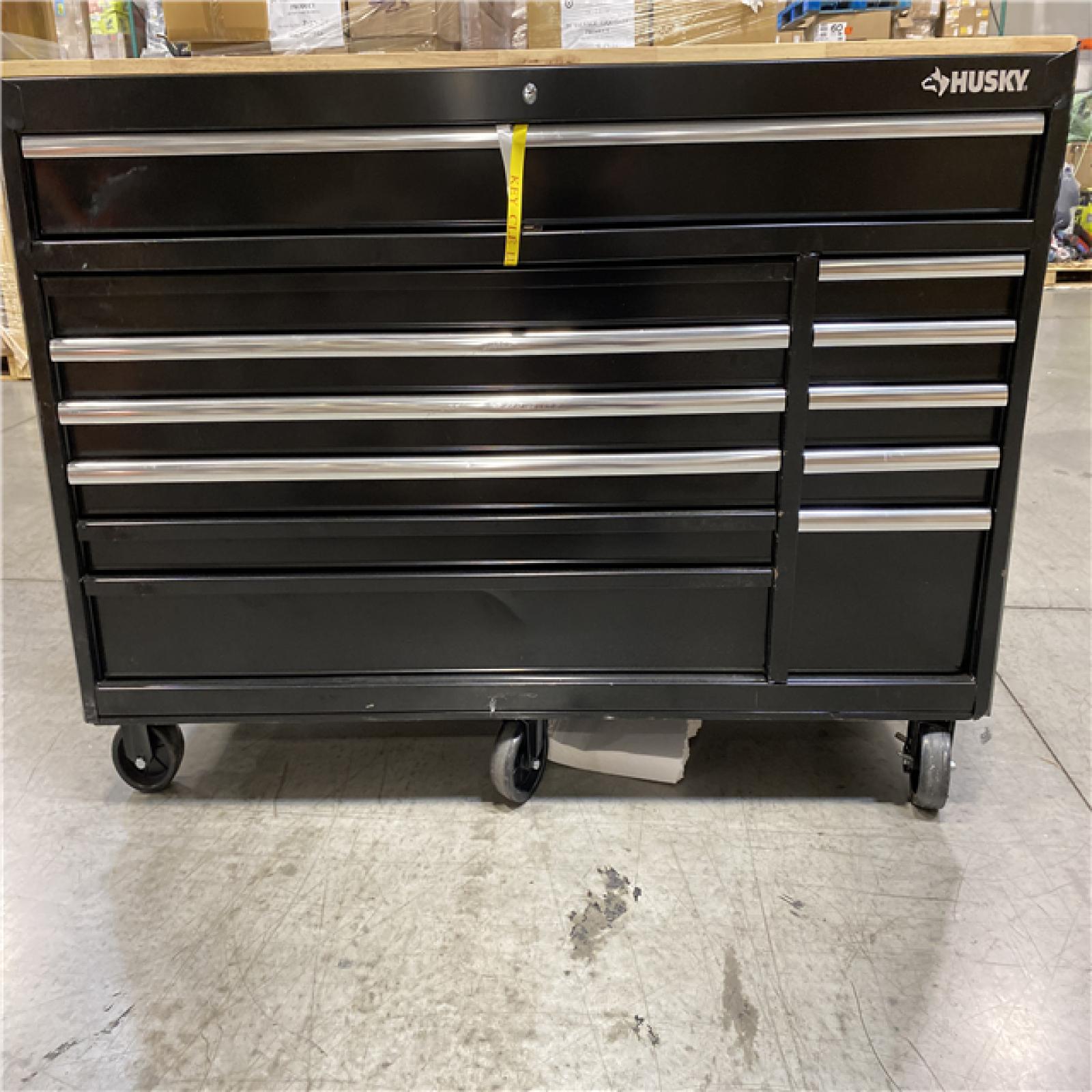 DALLAS LOCATION - Husky 66 in. W x 24 in. D Standard Duty 12-Drawer Mobile Workbench Tool Chest with Solid Wood Top in Gloss Black