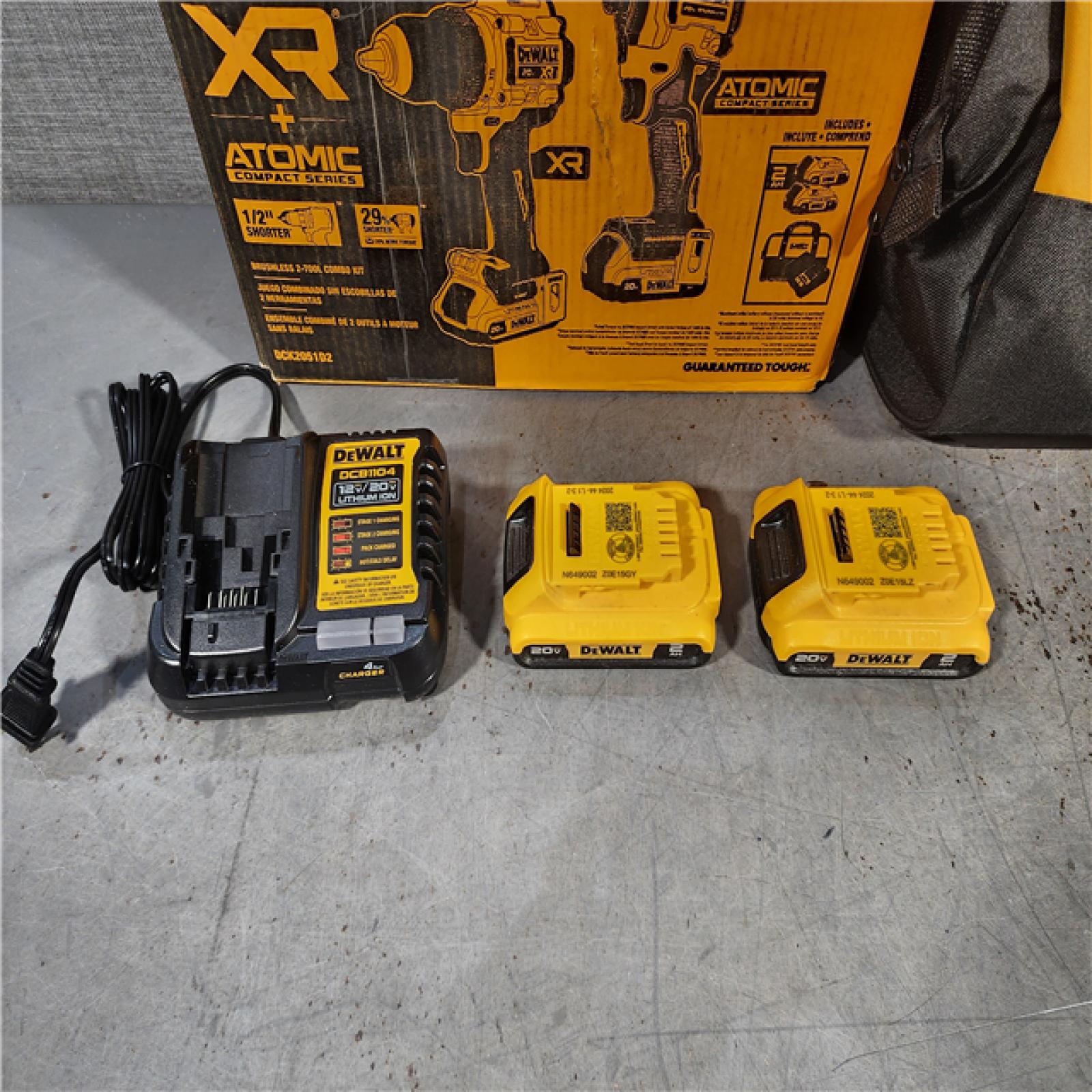 HOUSTON LOCATION - AS-IS DEWALT 20V MAX XR Cordless Drill/Driver, ATOMIC Impact Driver 2 Tool Combo Kit, (2) 2.0Ah Batteries, Charger, and Bag